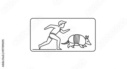 Man Chasing Armadillo - Line Art Illustration