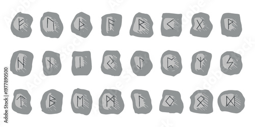Set of hand drawn viking runes Rune stones with ancient norse alphabet characters engraved on them Scandinavian futhark germanic celtic Single element for design, print, web, decor