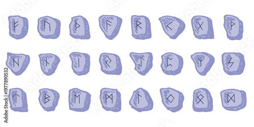 Set of hand drawn viking runes Rune stones with ancient norse alphabet characters engraved on them Scandinavian futhark germanic celtic Single element for design, print, web, decor