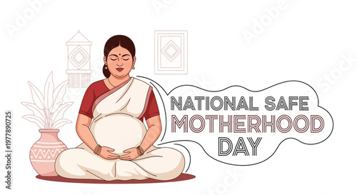 A serene vector illustration commemorates National Safe Motherhood Day, depicting a pregnant woman in traditional Indian attire meditating in a lotus position against a clean white