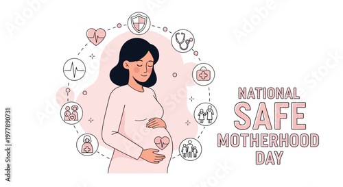 A stylized vector illustration commemorates National Safe Motherhood Day, depicting a pregnant woman in soft pink tones cradling her belly, surrounded by healthcare icons against a clean