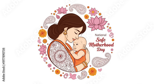 A vector illustration commemorates National Safe Motherhood Day, depicting a mother tenderly holding her baby against a white background, surrounded by floral and paisley ornaments