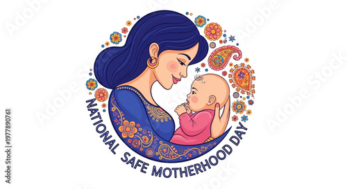 Illustration of a mother holding her baby surrounded by floral patterns on National Safe Motherhood Day to raise maternal health awareness.