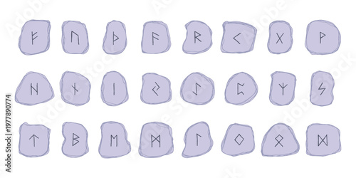Set of hand drawn viking runes Rune stones with ancient norse alphabet characters engraved on them Scandinavian futhark germanic celtic Single element for design, print, web, decor