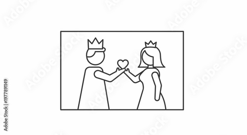 King and Queen Couple Holding Heart Symbol, Royal Love Story Icon