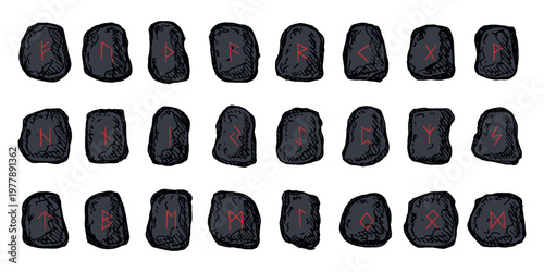 Set of hand drawn viking runes Rune stones with ancient norse alphabet characters engraved on them Scandinavian futhark germanic celtic Single element for design, print, web, decor
