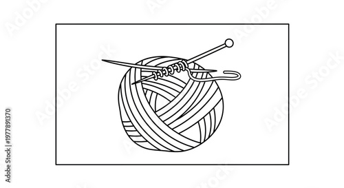 Knitting needles and yarn ball, close-up, black and white illustration