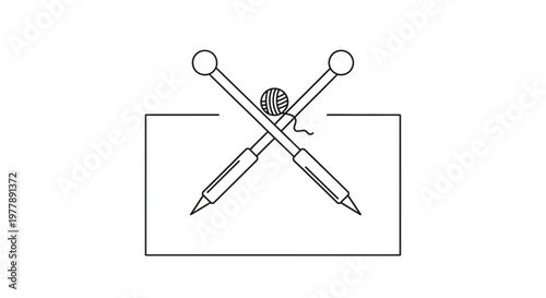 Knitting needles crossed over a ball of yarn, simple line art icon representing crafts and hobbies