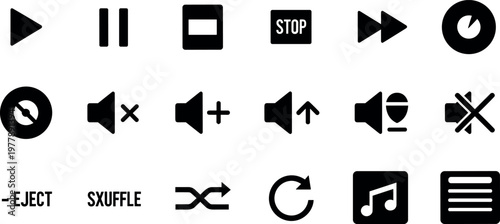 Media player control icon set featuring play pause stop volume shuffle repeat and audio interface symbols for multimedia applications