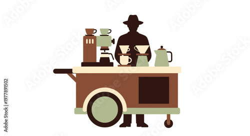 Flat Vector Illustration of a Barista with a Portable Coffee Cart, Minimalist Coffee Shop Business Concept, Modern Cafe Elements in Earth Tones.