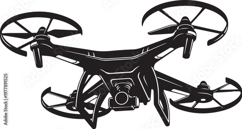 Black Drone Silhouette with Rotors and Camera Equipment Closeup