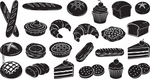 Black and white bakery icons set illustration