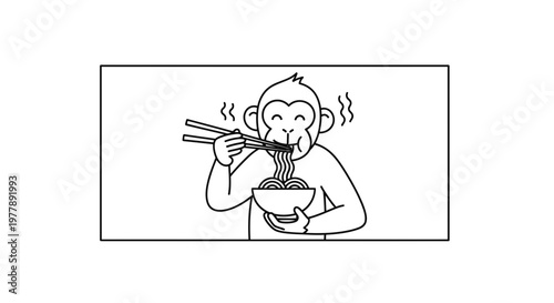 Funny Monkey Eating Noodles with Chopsticks from Bowl, Cartoon Style