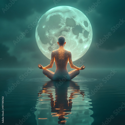 Person meditating with glowing neural networks under a digital code moon - Tech mindfulness concept