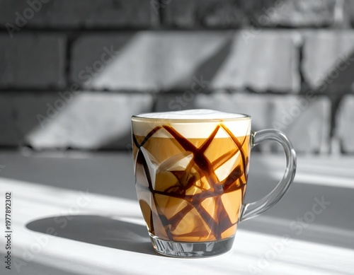 Delicious Caramel Macchiato in a Glass Mug with Sunlight and Shadows.