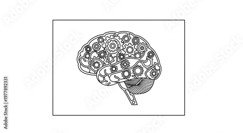 Gears inside brain illustration, concept of mechanical thinking, intelligence, and engineering