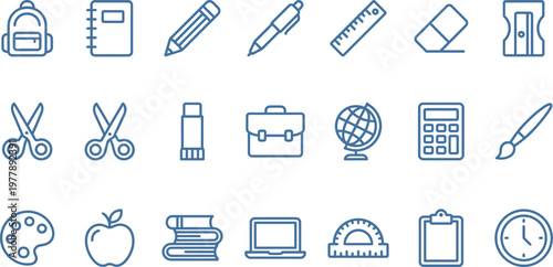 Minimalist blue outline icons showcasing a diverse range of essential school, office, and learning supplies.