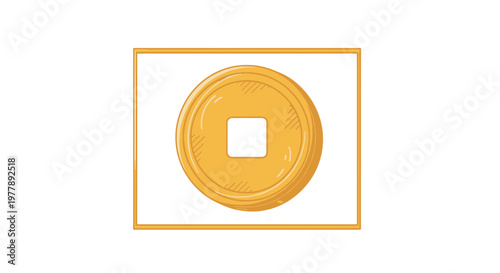 Golden Coin with Square Hole, Ancient Currency, Financial Symbol, Vintage Money