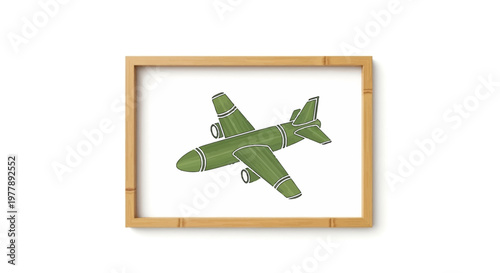 Green Toy Airplane Illustration in a Wooden Frame