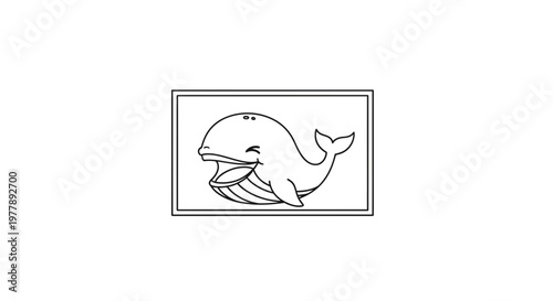 Cute cartoon whale illustration, simple line art, happy ocean animal for kids coloring page