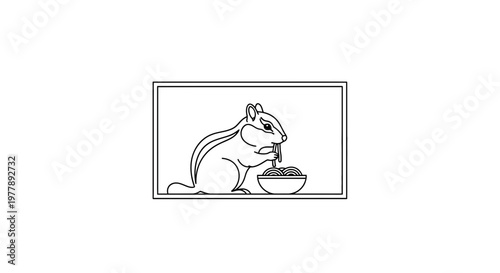 Cute Chipmunk Eating Spaghetti from Bowl in Minimalist Line Art Style