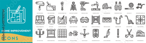 Home Improvement Icon set. Paint Roller Brush, Wall Plaster Trowel, Adjustable Wrench Tool, Ladder Safety Equipment, Power Drill Handle and Hammer Nail Strike
