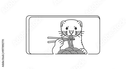 Cute Ferret Eating Noodles with Chopsticks, Line Art Illustration