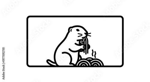 Cute Groundhog Eating Noodles in Minimalist Line Art Style