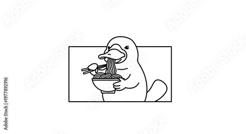 Cute Platypus Eating Noodles with Chopsticks, Funny Animal Illustration