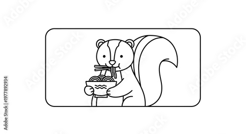 Cute Skunk Eating Ramen Noodles with Chopsticks, Outline Illustration