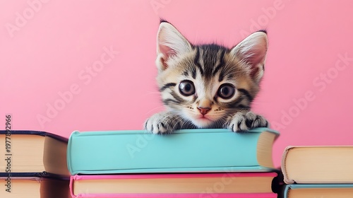 Tiny kitten peeking out from behind a stack of books on a pink background