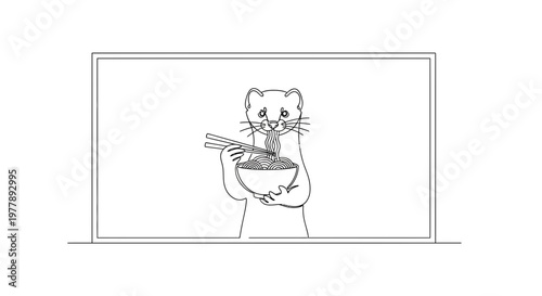 Cute Weasel Eating Noodles with Chopsticks, Simple Line Art Illustration
