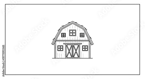 Classic Barn Outline Drawing, Rural Farm Building with Double Doors and Windows