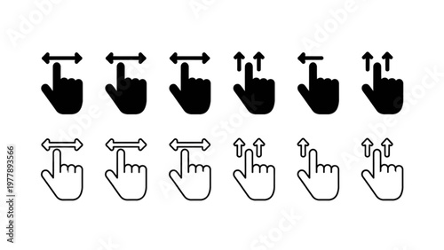 Hand gestures illustrating various finger movements and swiping directions on touchscreen devices Vector