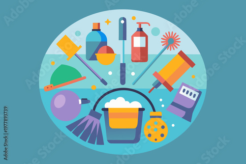 Top view flat lay style vector illustration of cleaning supplies including bottles, brushes, and a bucket arranged in a circular pattern on a blue background