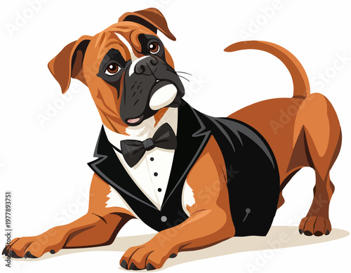 A distinguished boxer dog dressed in a formal tuxedo with a bow tie, looking attentively to the side.