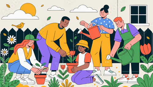 Vector illustration of multicultural family gardening together in a backyard in the spring, planting flowers and watering plants with a sunny sky and fence in the background