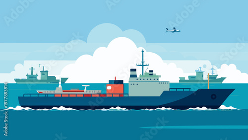 Cargo ship navigating through ocean waters with two smaller vessels in the background and a plane flying above under a clear blue sky imposing sanctions and arrests on oil tankers