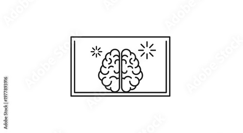 Brain Icon with Sparkles and Light Rays on Screen, Representing Ideas and Innovation