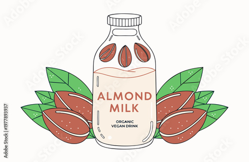 Glass bottle of almond milk surrounded by almonds and green leaves, featuring a label that reads "Almond Milk" and "Organic Vegan Drink" in a minimalist design