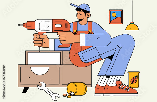 Handyman using electric drill to assemble furniture with drawers, tools, and decorative items visible in a bright indoor workspace setting