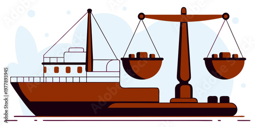 Flat vector illustration of an international maritime cargo ship with a balance scale, depicting trade, shipping and problem of imposing sanctions on oil tankers concepts in a stylized design