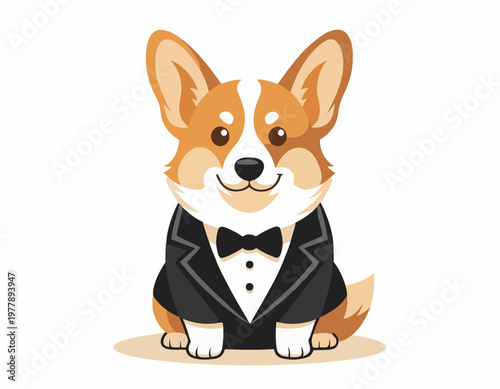A detailed vector illustration of a corgi dressed in a tuxedo, ready for a special occasion. It's a charming cartoon depiction of a well-dressed pup