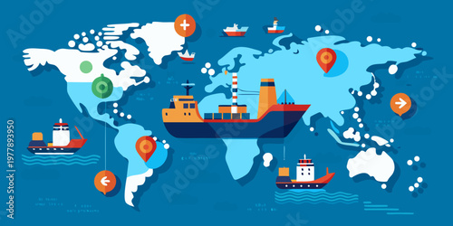 Illustration of global shipping routes with oil tankers and cargo ships navigating a world map, highlighting maritime trade and sanctions impact on oil transport