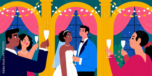 Group of wedding guests celebrating at reception, toasting with champagne glasses, decorated venue with draped fabric and twinkling lights in the background