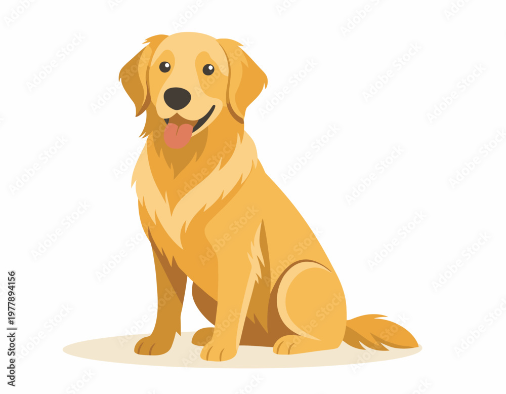 Fototapeta premium A charming golden retriever sitting pretty and panting happily. A loyal companion with a cheerful expression. The dog is looking directly at the camera with its tongue out, ready for an adventure. 