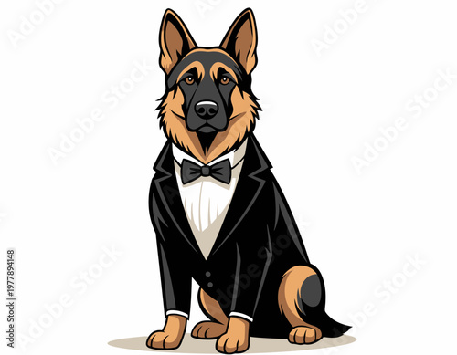 A detailed vector illustration of an elegant German Shepherd in a Tuxedo