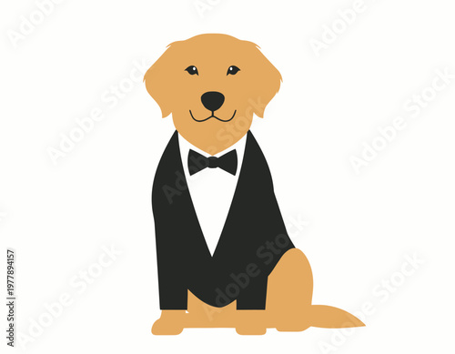 A detailed vector illustration of a golden retriever in a tuxedo, ready for a special event. The dog is wearing a stylish bow tie and jacket, looking dapper