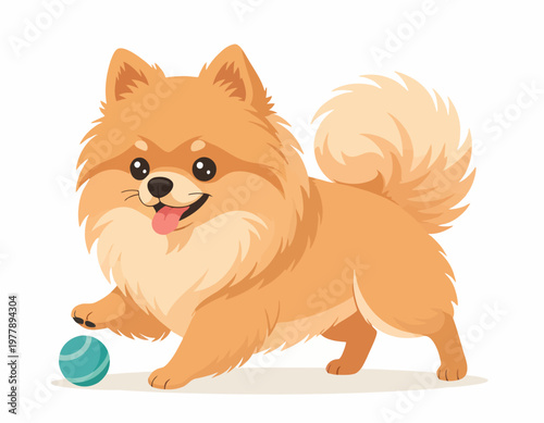 A detailed vector illustration of a fluffy orange Pomeranian dog is playfully batting a teal ball with its paw, with its tongue out and tail curled.