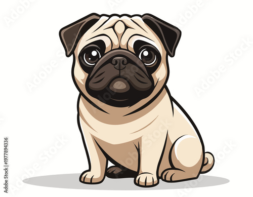 A detailed vector illustration of a cute cartoon illustration of a fawn-colored pug dog sitting and looking forward with big, expressive eyes.